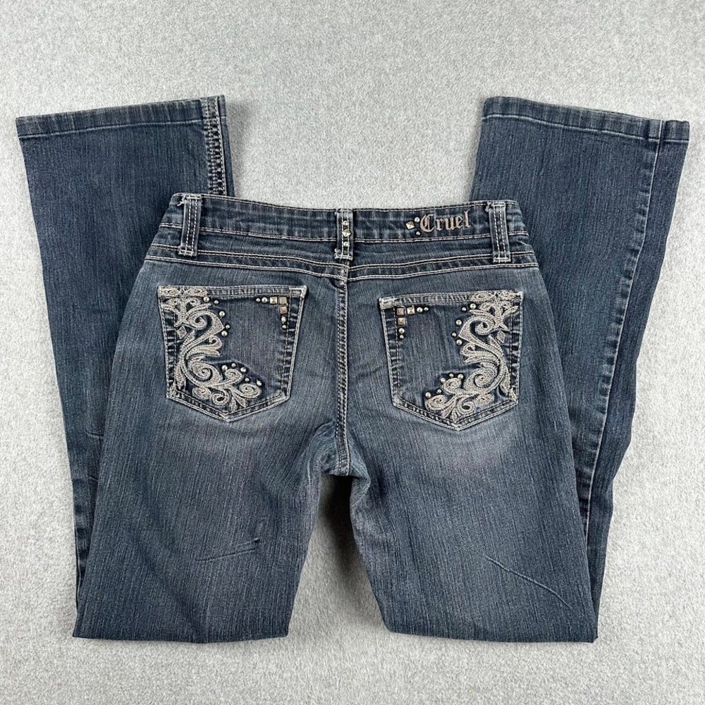 Cruel Gwen Women's Jeans 5 Long Bootcut Low Rise Rodeo Bejeweled Dark Wash Denim